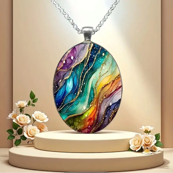 Jewelry - Multicolor Abstract Oval Pendant Necklace - Women's Artistic Statement Jewelry